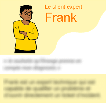 Fiche persona de Frank, le client expert. Les informations ont été cachées.